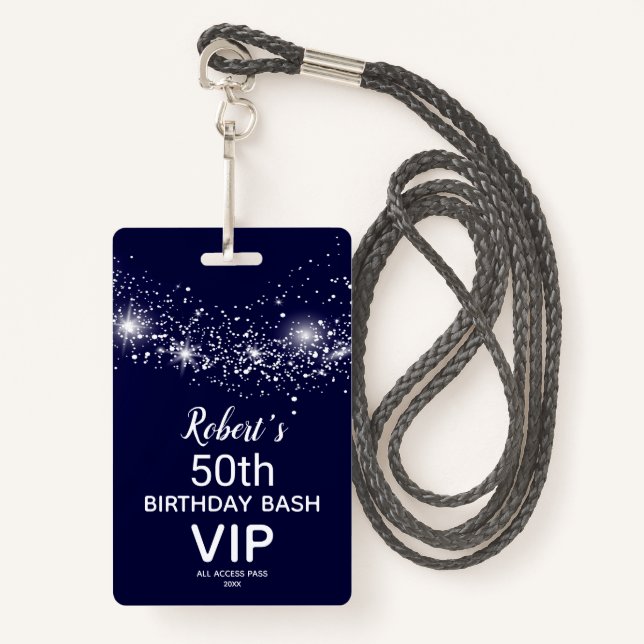 Chic Stars on Navy Sky Birthday VIP Pass ID Badge (Front with Lanyard)