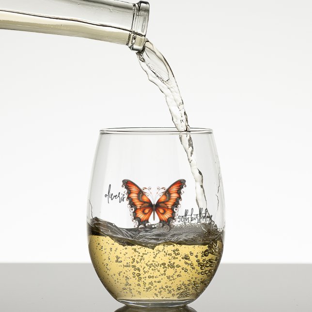 Chic Steampunk Industrial Victorian Butterfly Stemless Wine Glass (Steampunk orange and black monarch butterfly on customizable stemless wine glass for celebrations. )