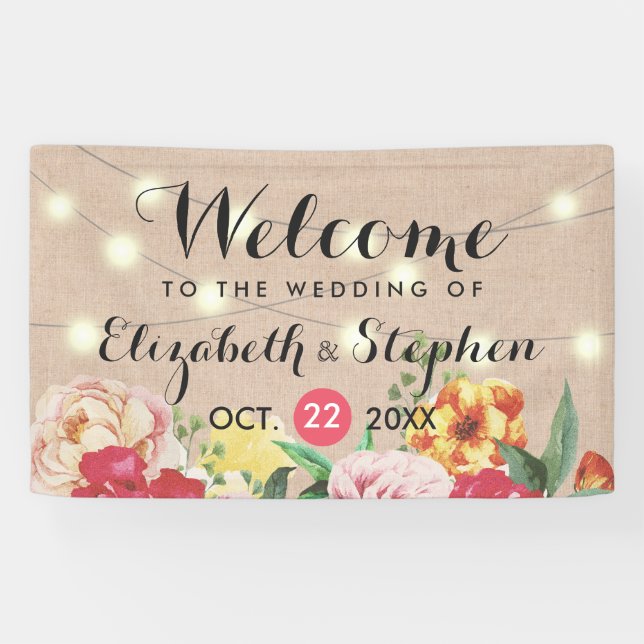 Chic String Lights and Linen Floral Wedding Banner (Horizontal)