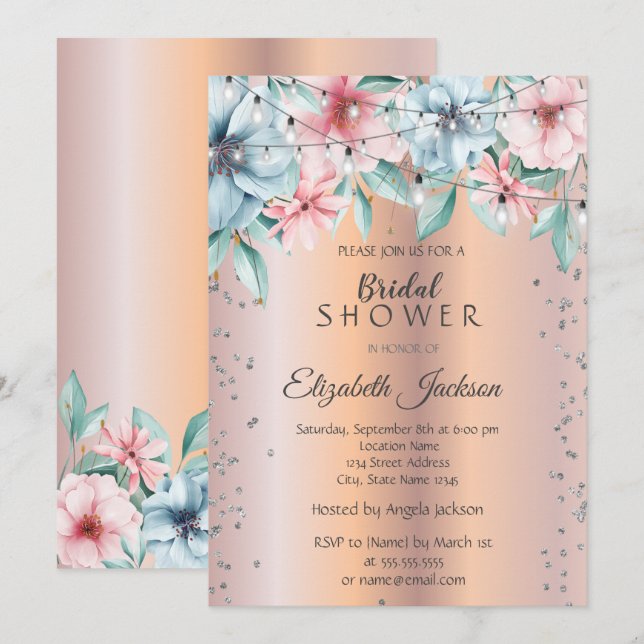 Chic String Lights,Diamonds Floral Bridal Shower Invitation (Front/Back)