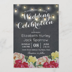 Chic String Lights Floral Black Grunge Wedding Invitation