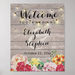 Chic String Lights Rustic Wood Floral Wedding Sign