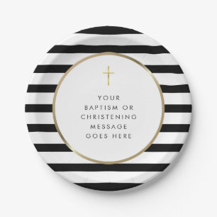 Chic Stripe Gold Cross Baptism Christening Message Paper Plate