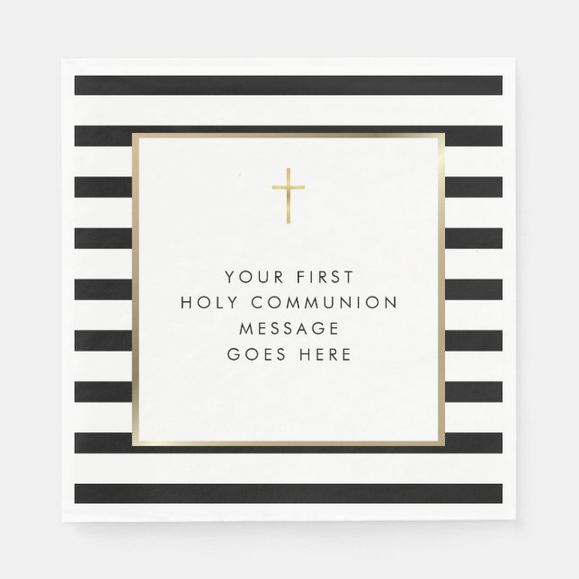Chic Stripe Gold Cross Holy Communion Message Napkin (Front)