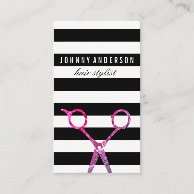 Chic Stripe Pattern Grunge Scissors / Variation Business Card (Front)