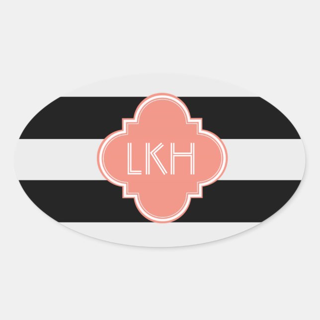 Chic Stripe & Three Monogram Oval Sticker (Front)