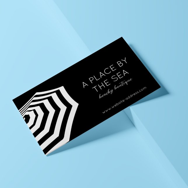 Chic Striped Beach Umbrella Boutique Black Business Card (Creator Uploaded)