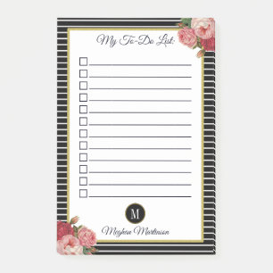 Chic Striped Black Floral Monogram To Do List Post-it Notes