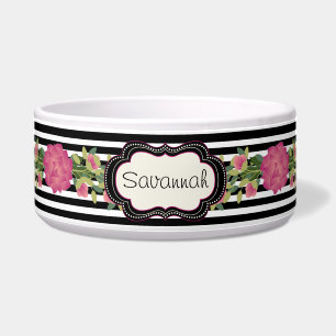 Chic Stripes and Roses Custom Pet Bowl