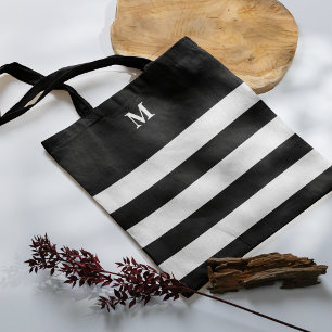 Chic Stripes Black White Monogrammed Tote Bag