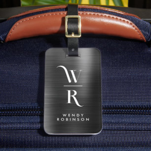 Chic Stylish Black Metal Two Monogram Initial Luggage Tag