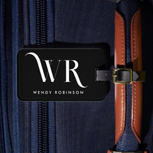 Chic Stylish Black Two Monogram Initial Luggage Tag