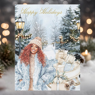 Chic Stylish Black Woman Winter Scene Happy Holiday Postcard