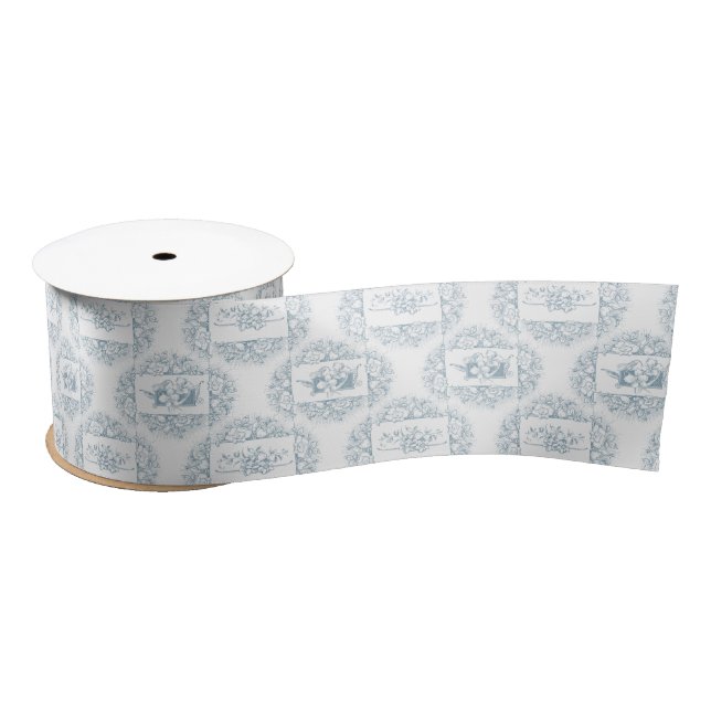 Chic Stylish Blue and White Engraved Floral  Satin Ribbon (Spool)