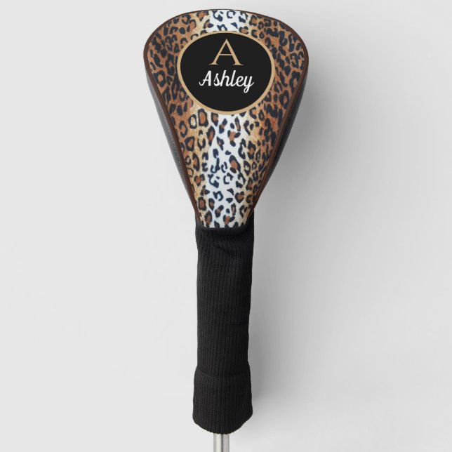 Chic Stylish Brown Black White Leopard Custom Name Golf Head Cover (Front)