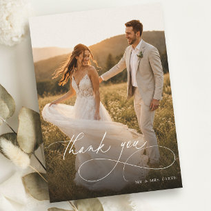 Chic Stylish Calligraphy Script Photo Wedding Thank You Card