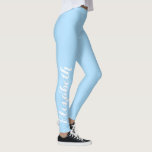 Chic Stylish Cool Blue Custom Name Workout Sports Leggings<br><div class="desc">Custom, personalised, beautiful, elegant white on baby blue typography script, cool, chic, stylish, modern, trendy, breatheable, hand sewn, womens full length fashion travel party workout sports yoga gym running leggings pants, that stretches to fit your body, hugs in all the right places, bounces back after washing, and doesn't lose their...</div>