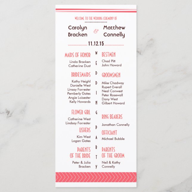 Chic Stylish Coral Arrow Wedding Program Rack Card (Front)