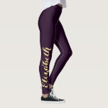 Chic Stylish Custom Name Purple Gym Workout Sports Leggings<br><div class="desc">Custom, personalised, beautiful, elegant faux gold on dark purple typography script, cool, chic, stylish, modern, trendy, breatheable, hand sewn, womens full length fashion travel party workout sports yoga gym running leggings pants, that stretches to fit your body, hugs in all the right places, bounces back after washing, and doesn't lose...</div>