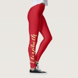 Chic Stylish Custom Name Red Workout Yoga Sports Leggings<br><div class="desc">Custom, personalised, beautiful, elegant faux gold on red typography script, cool, chic, stylish, modern, trendy, breatheable, hand sewn, womens full length fashion travel party workout sports yoga gym running leggings pants, that stretches to fit your body, hugs in all the right places, bounces back after washing, and doesn't lose their...</div>