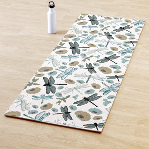 Chic Stylish Dragonfly Flowers Blues Grey Yoga Mat