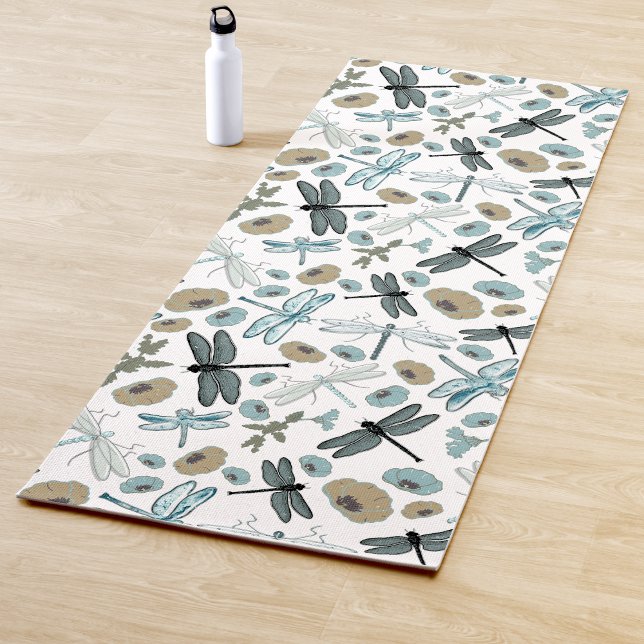Chic Stylish Dragonfly Flowers Blues Grey Yoga Mat (Chic Stylish Dragonfly Flowers Blues Gray Yoga Mat from Jenn's Emporium. )