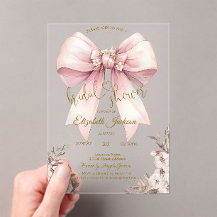 Chic Stylish Flowers Pink Bow Bridal Shower Acrylic Invitations