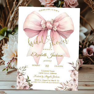Chic Stylish Flowers Pink Bow Bridal Shower Invitation