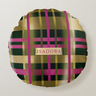 Chic & Stylish Fuchsia Green Plaid Personalised  Round Cushion