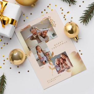Chic Stylish Gold and Blush Pink Foliage Photos Holiday Card