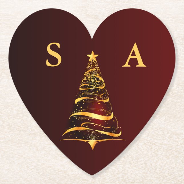 Chic Stylish Gold Christmas Tree Monogram Wedding Paper Coaster (Front)