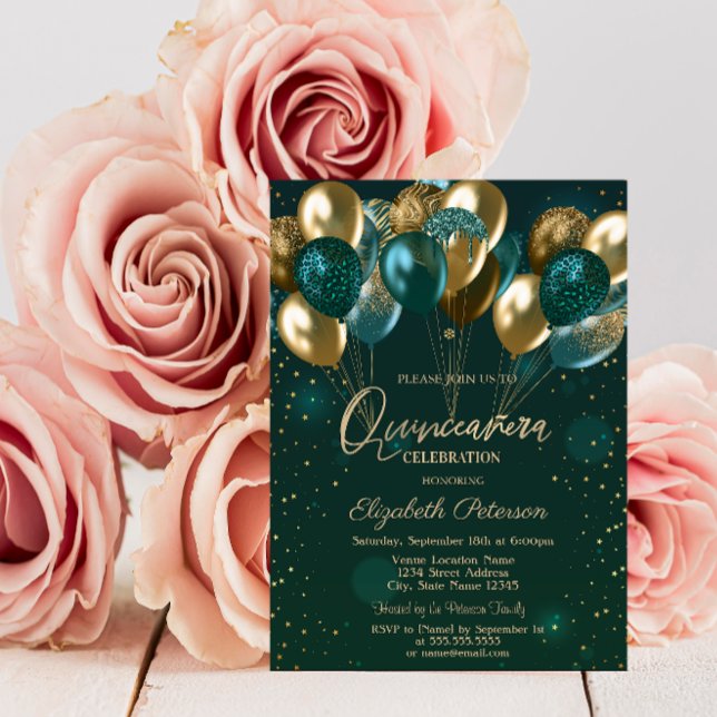 Chic Stylish Gold Green Balloons Green Quinceañera Invitation (Creator Uploaded)