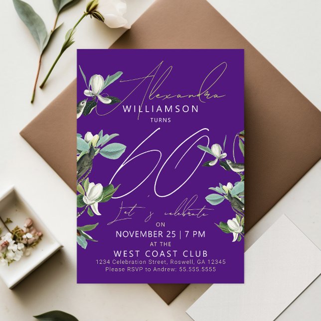 Chic Stylish Purple And White Sixty Modern Floral Holiday Card (Creator Uploaded)