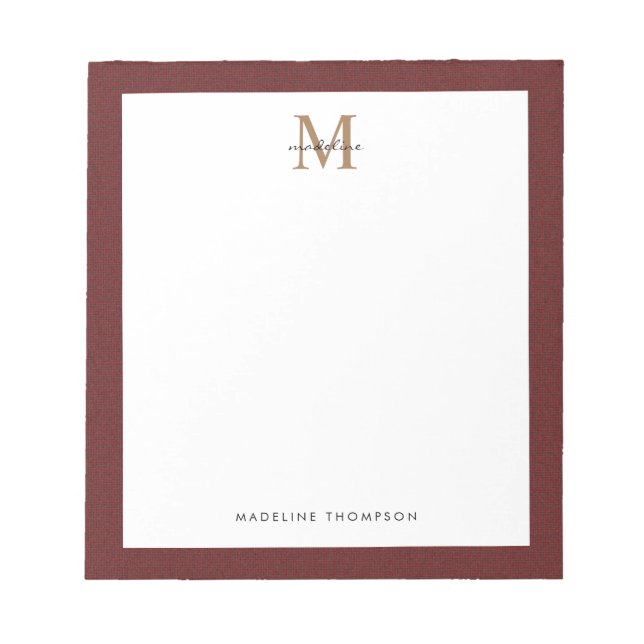 Chic Stylish Script Tweed Red Gold Monogram Notepad (Front)