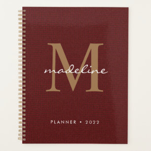 Chic Stylish Script Tweed Red Gold Monogram Planner