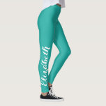 Chic Stylish Turquoise Custom Name Workout Sports Leggings<br><div class="desc">Custom, personalised, beautiful, elegant white on turquoise typography script, cool, chic, stylish, modern, trendy, breatheable, hand sewn, womens full length fashion travel party workout sports yoga gym running leggings pants, that stretches to fit your body, hugs in all the right places, bounces back after washing, and doesn't lose their shape...</div>