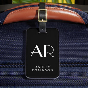 Chic Stylish Two Monogram Initial and Name Black Luggage Tag