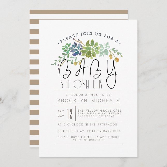 Chic Succulent Garden | Watercolor Baby Shower Invitation (Front/Back)