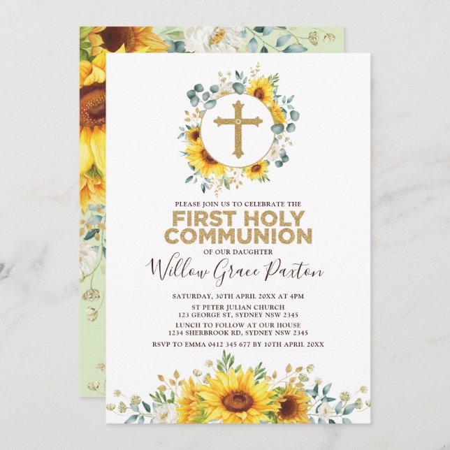 Chic Summer Sunflowers First Holy Communion Invitation (Front/Back)