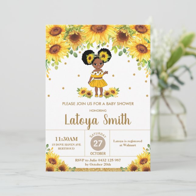 Chic Sunflower African American Girl Baby Shower  Invitation (Standing Front)