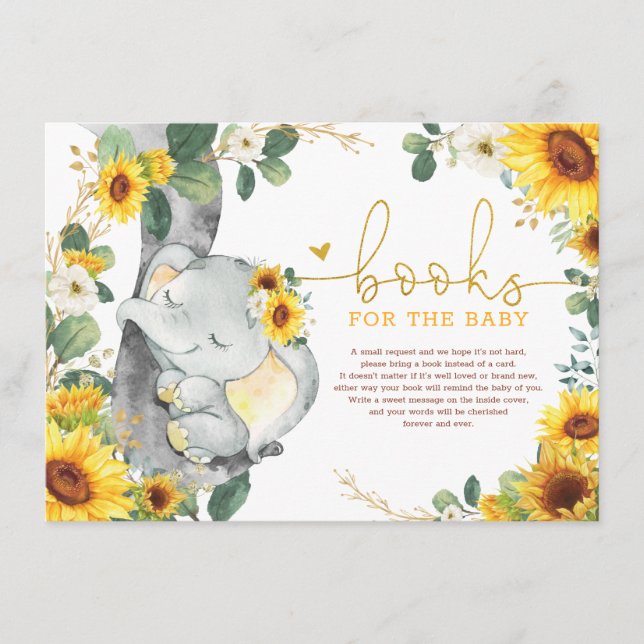 Chic Sunflower Elephant Bring a Book Baby Shower Enclosure Card (Front)