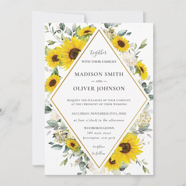 Chic Sunflower Floral Greenery Geometric Wedding   Invitation (Front)