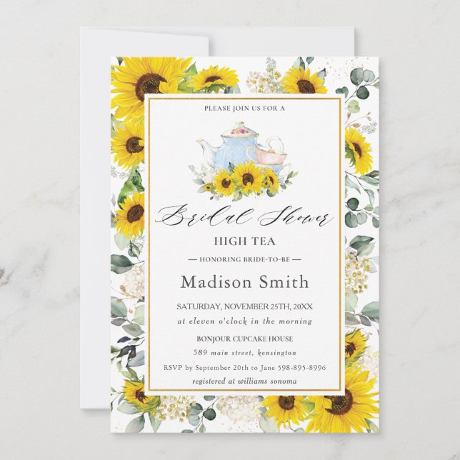 Chic Sunflower Floral High Tea Party Bridal Shower Invitation (Front)