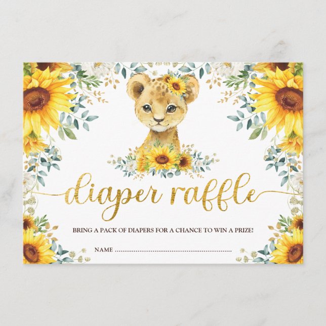 Chic Sunflower Lion Cub Baby Shower Diaper Raffle Enclosure Card (Front)