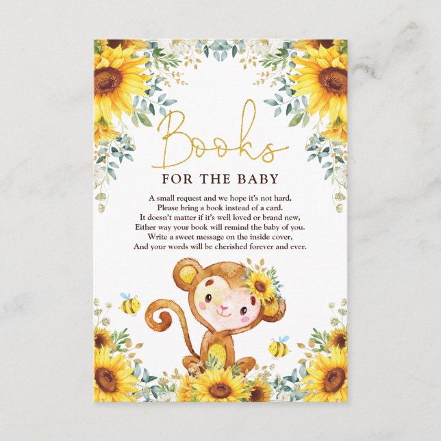 Chic Sunflower Monkey Baby Shower Books for Baby Enclosure Card (Front)