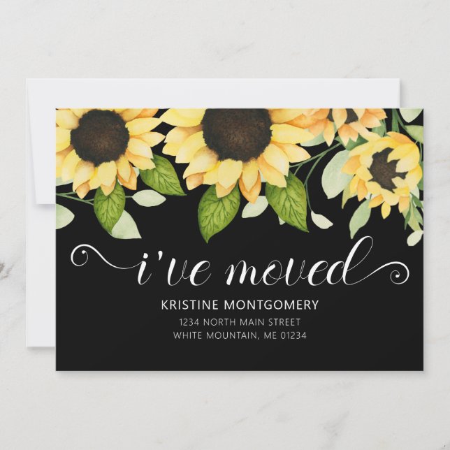 Chic Sunflower Watercolor Floral Black I've Moved Announcement (Front)