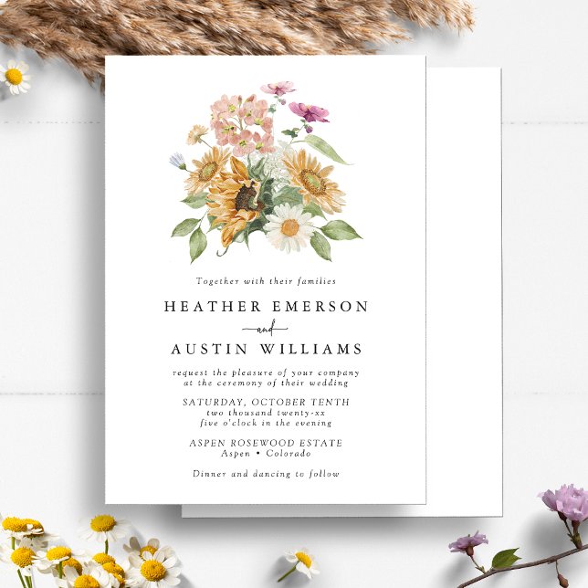 Chic Sunflower Wedding Invitation (Chic Watercolor Sunflower Wildflower Floral Wedding Invitation by Painted Paperie
)
