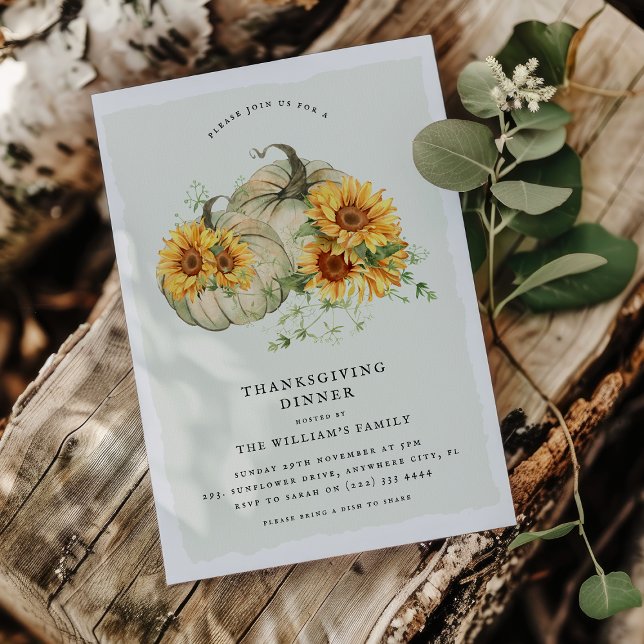 Chic Sunflower White Pumpkins Thanksgiving Dinner Invitation (Creator Uploaded)