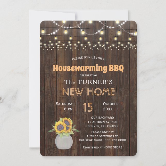 Chic Sunflowers String Lights Housewarming Party Invitation (Front)
