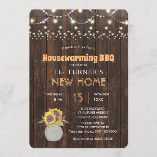 Chic Sunflowers String Lights Housewarming Party Invitation